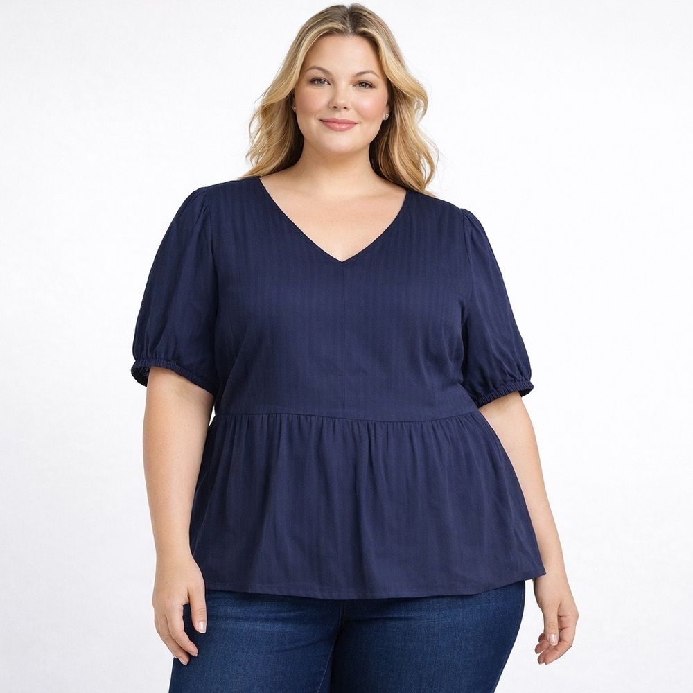Lane Bryant V-Neck Peplum Top Blouse Navy Blue 22 Puff Short Sleeve Back Zip